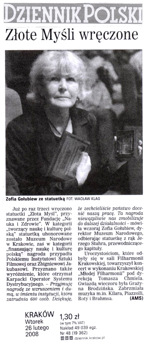 Artykuł z Dziennika Polskiego - Złote Myśli wręczone